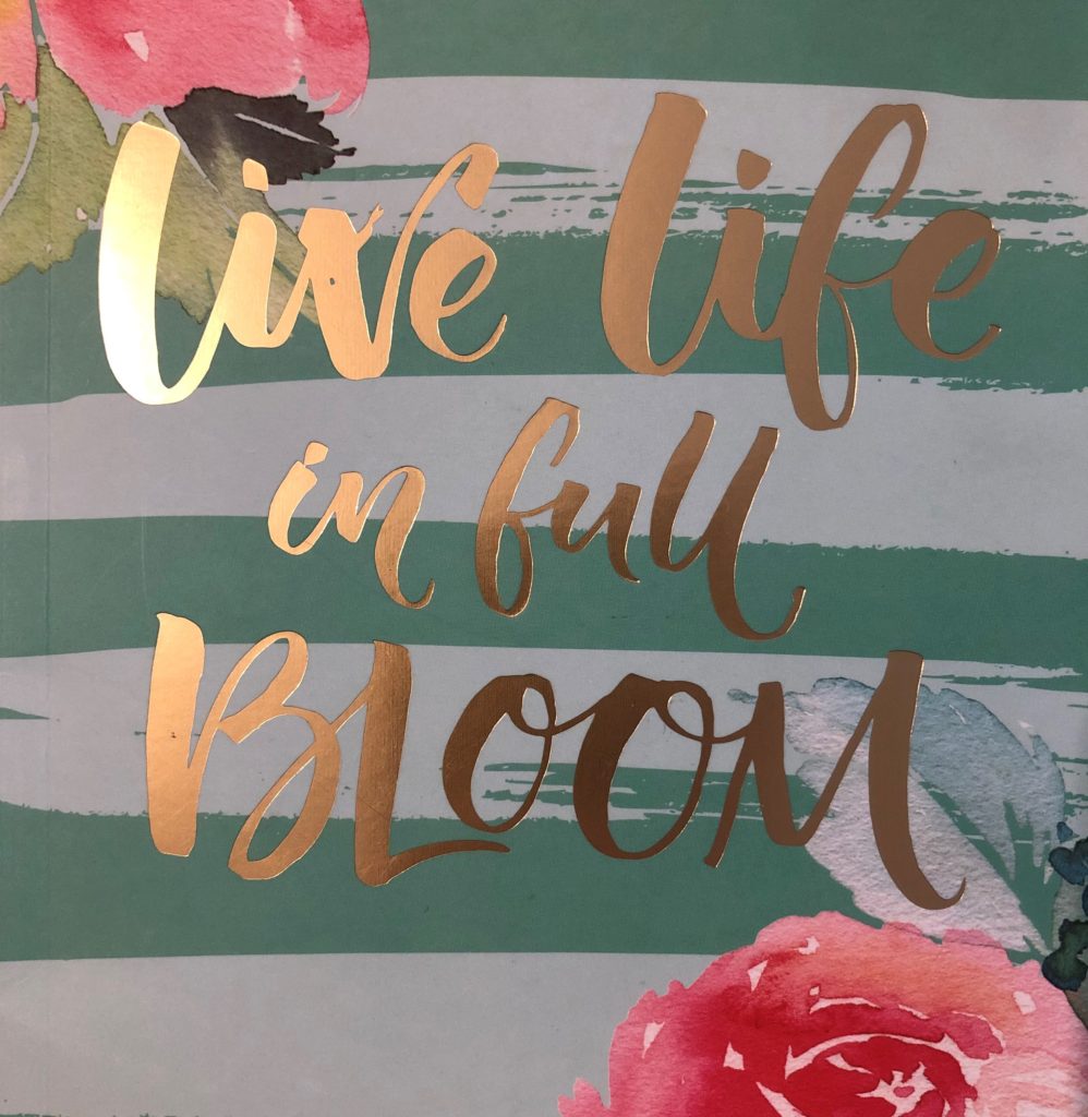 live life in full bloom, zlatý nápis, tyrkysové pruhy, růže a pivoňky
